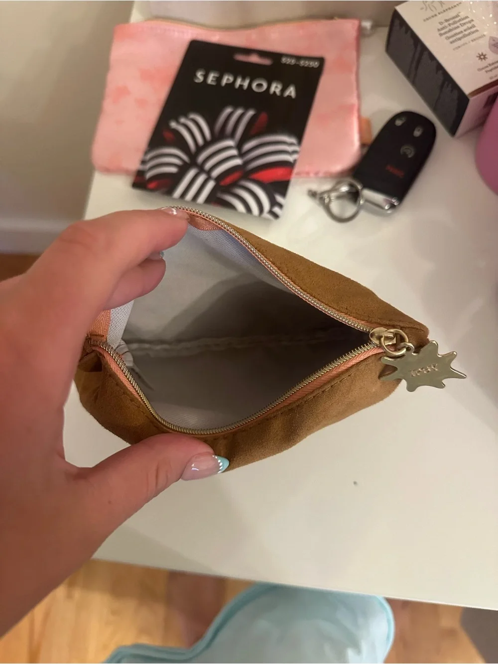 Suede Zip Pouch in Camel Brown